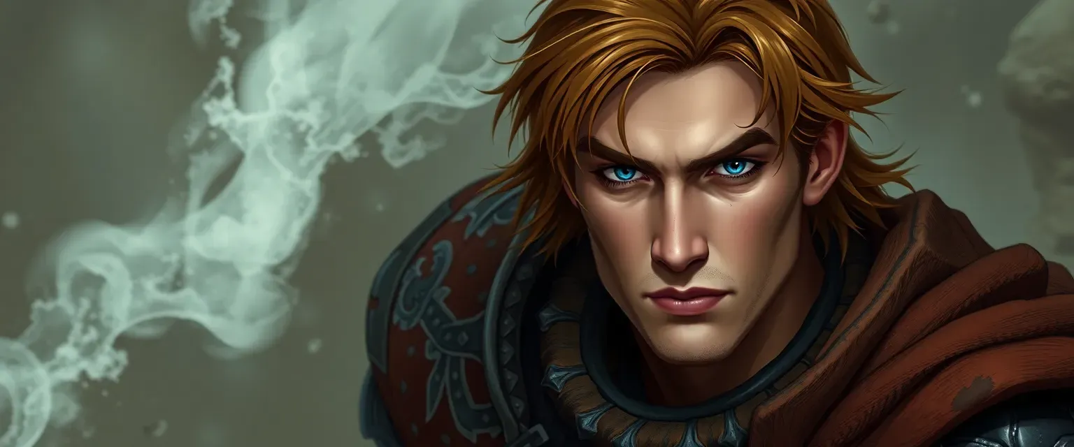 Tall, broad-shouldered man in his late twenties with chestnut brown hair and piercing blue eyes, wearing battle-scarred armor.