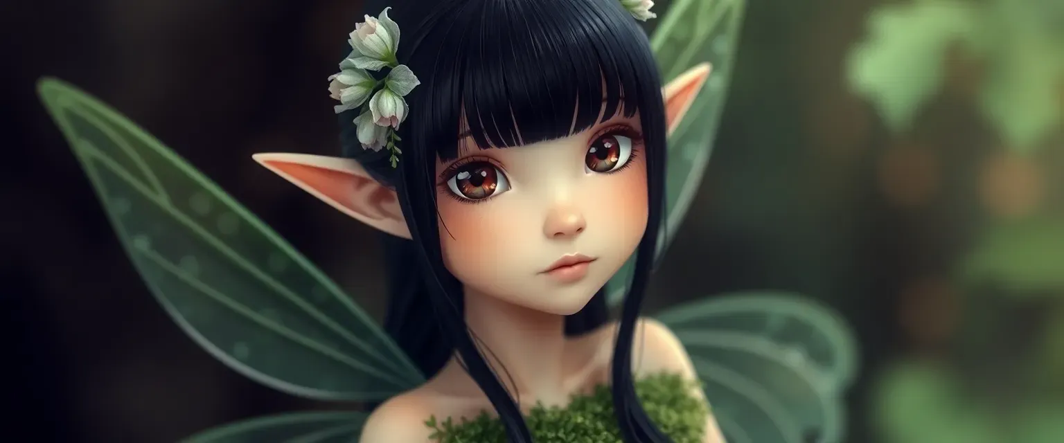 Nature fairy with black hair, bangs, brown eyes, light green wings, and pointy ears, wearing a moss and petal dress.