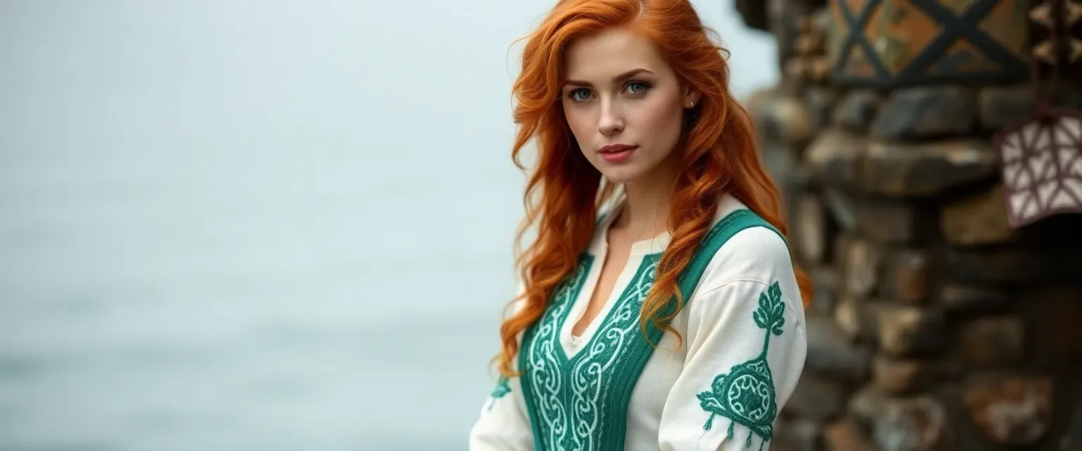 Tereza Murphy is an Irish woman with fiery red hair and emerald green eyes, embodying Celtic heritage. She wears practical yet elegant clothing adorned with intricate knotwork embroidery.