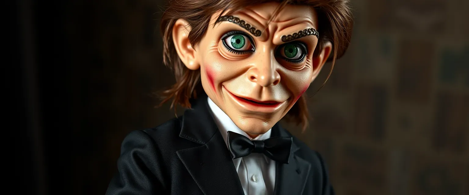 A creepy living ventriloquist dummy in a black tux suit, with brown hair and piercing green eyes.