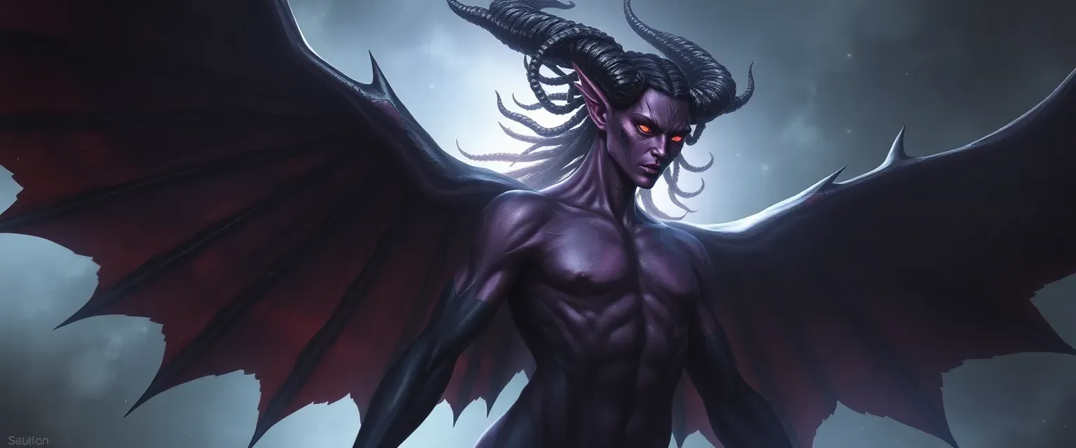 Immense being with twilight and granite skin, vast dark wings, and obsidian cornrows reflecting light.