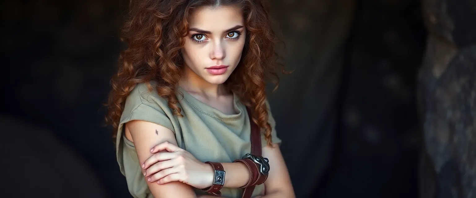 Young woman with long honey brown curly hair and chocolate eyes, wearing simple tunic and pants with distinctive leather-metal bracelet. Notable scars on left arm and right eyebrow. Carries herself with quiet determination.