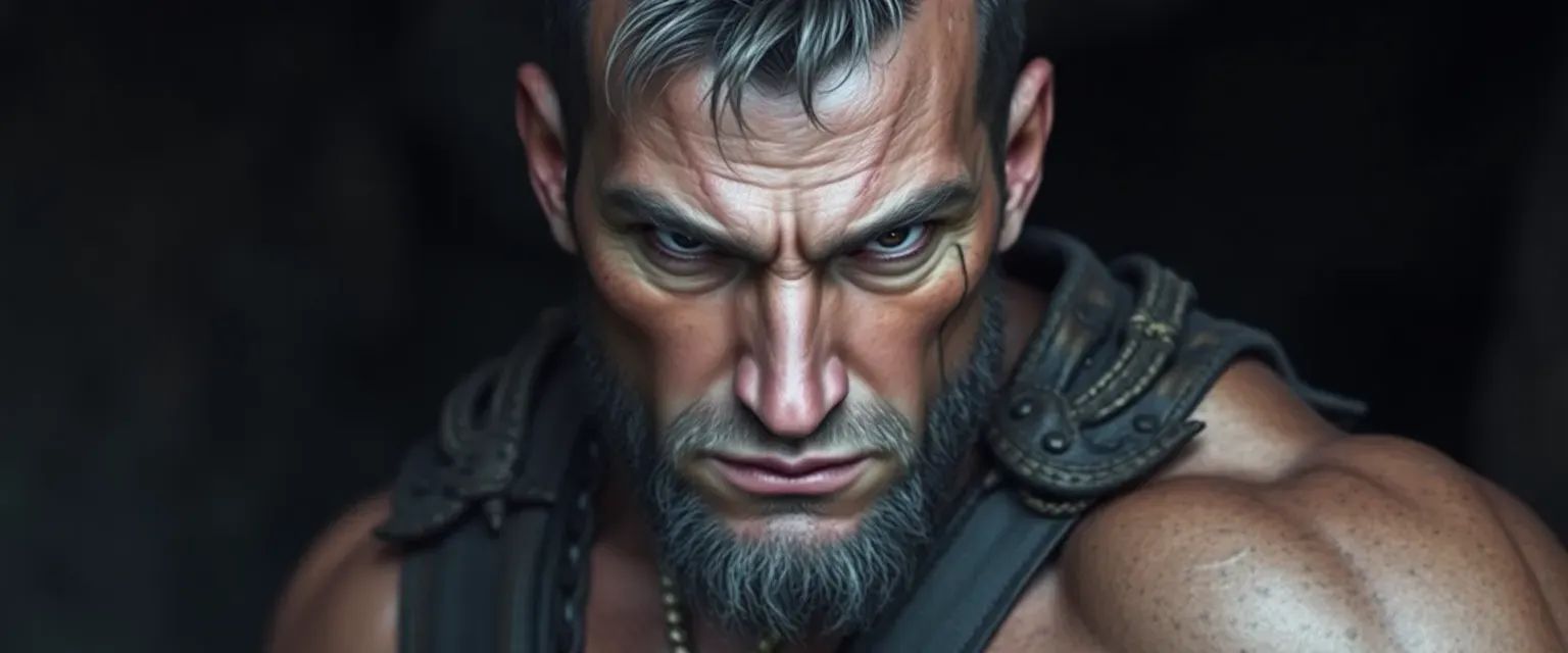 Muscular man with weathered, scarred skin, piercing eyes, wearing tattered clothing.