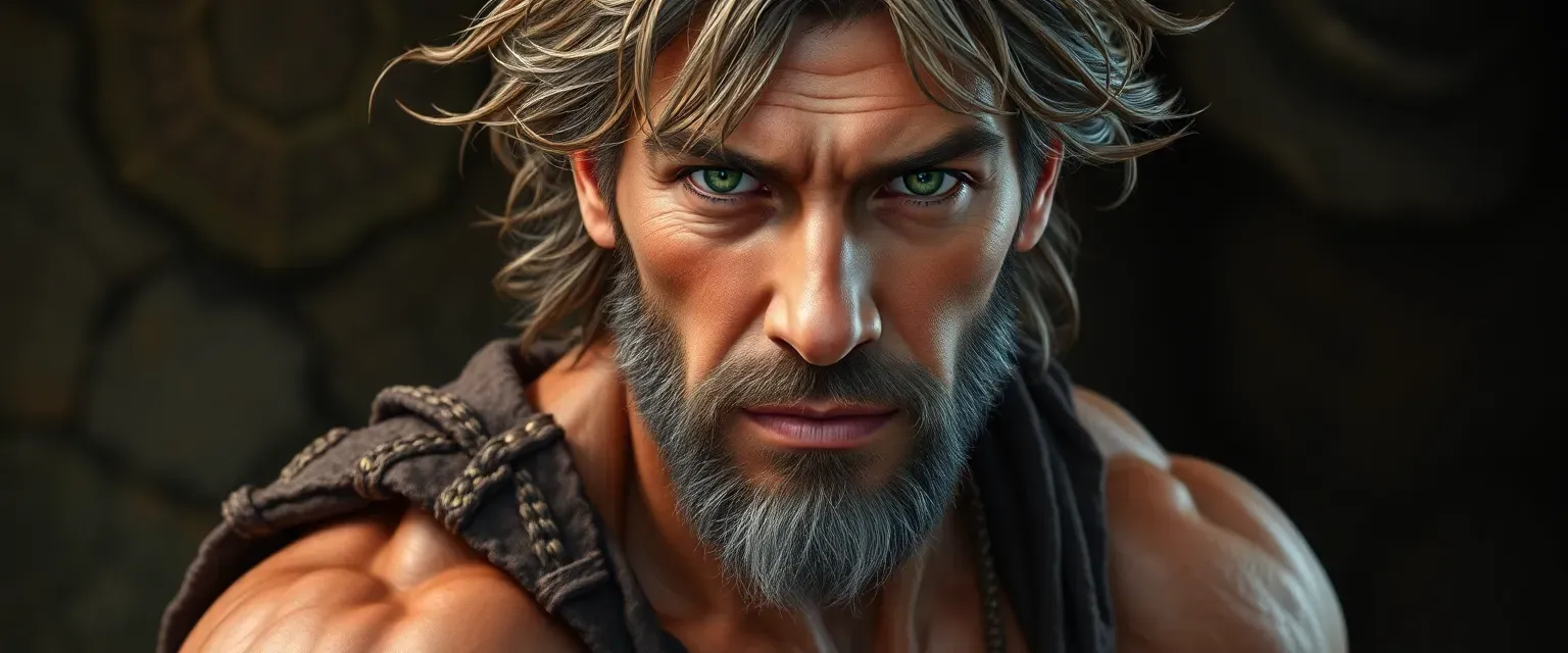 Muscular man, 45, with weathered skin, green eyes, wild brown-gray hair, wearing leather and plant fibers.