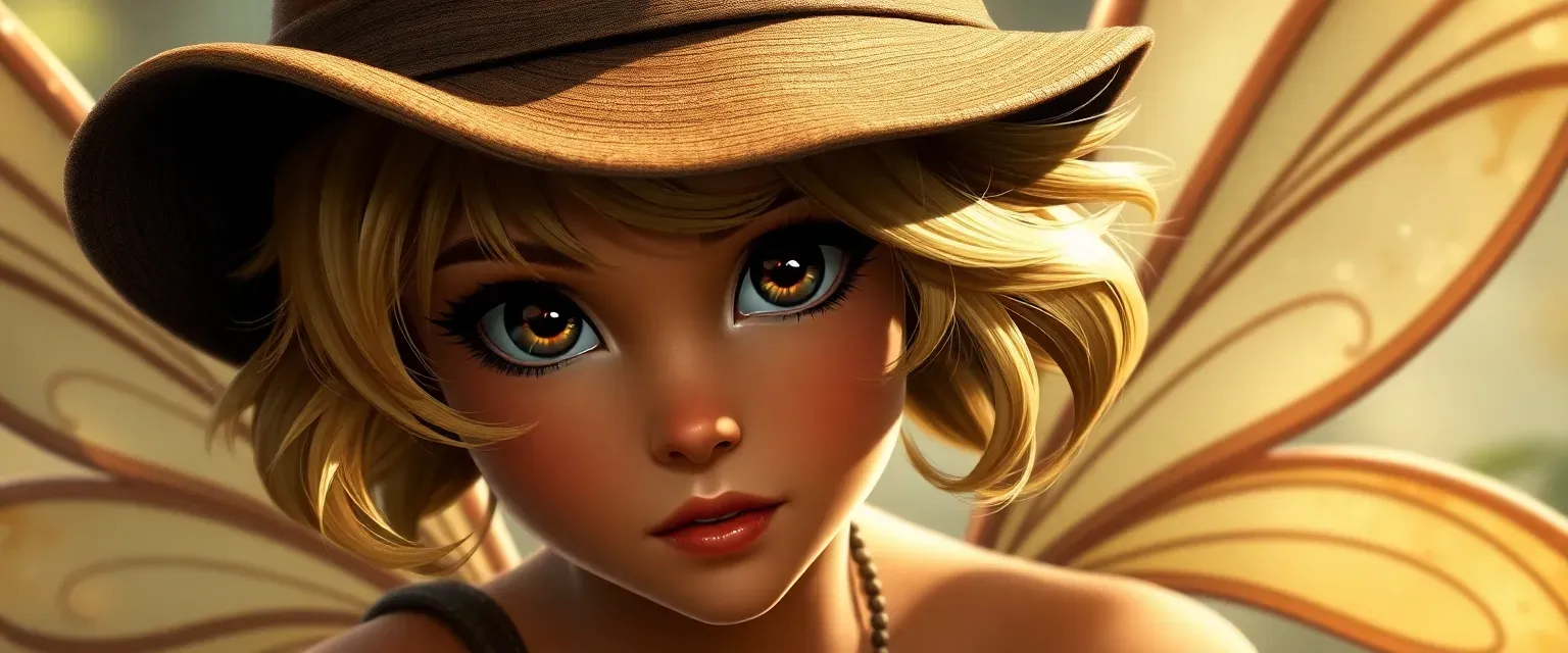 Young fairy with bronze skin, brown almond eyes, short wavy half-blonde, half-light brown hair, wearing a gatsby hat, energetic.