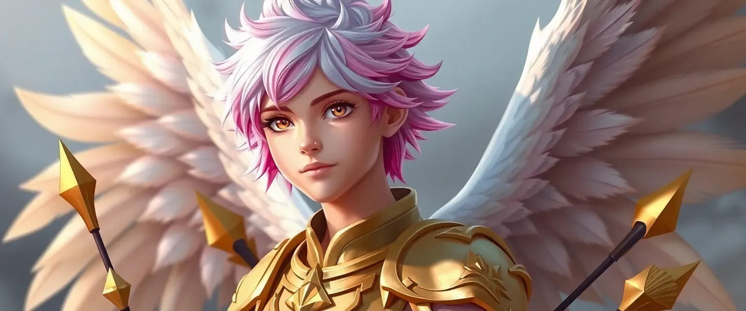 Youthful god with short white-to-pink hair, golden-feathered, pink eyes with gold flecks, white-to-magenta wings, golden armor, quiver of arrows.