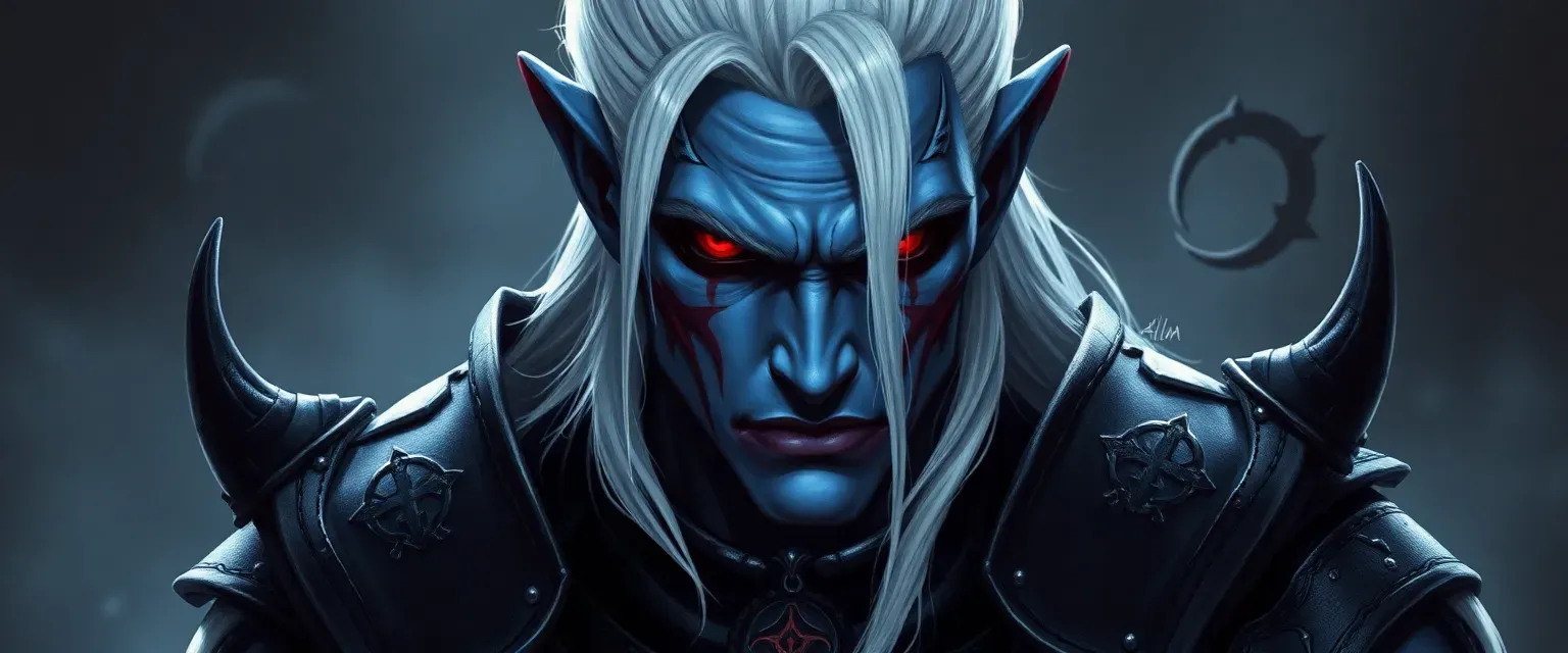 Male drow with blue skin, crimson eyes, white hair, wearing dark leather armor with Bhaal symbols.