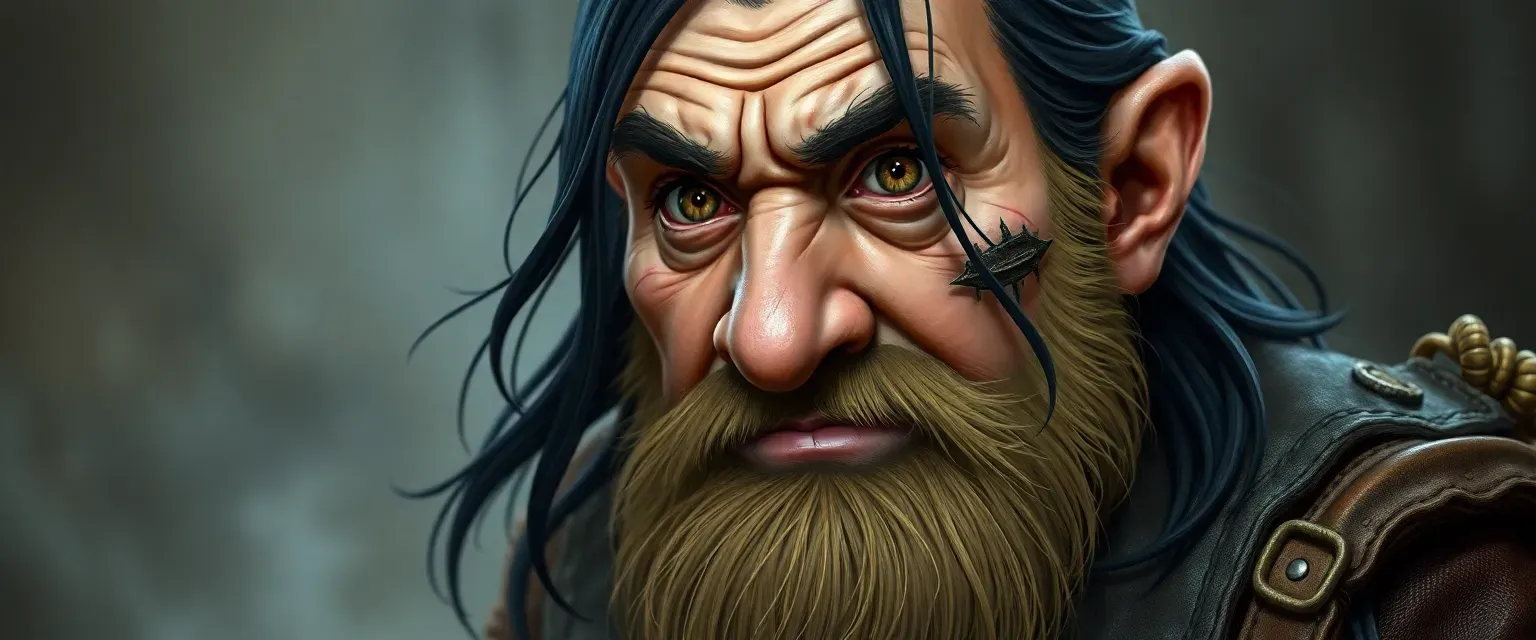 Middle-aged dwarf with hazel eyes, black hair, a scar on left cheek, wearing practical leathers.
