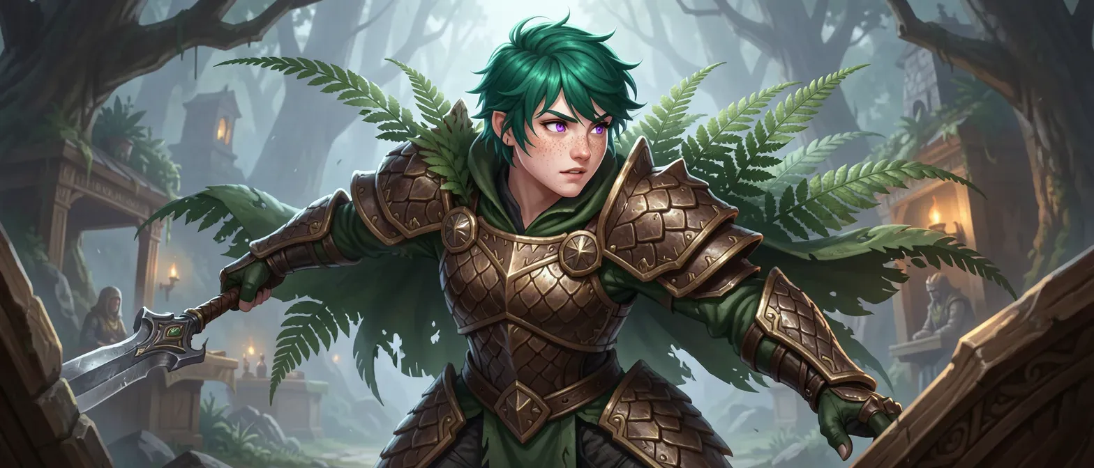 Young nonbinary person with emerald hair, violet eyes, freckled skin, in oversized dragon-scale leather armor and fern cloak.
