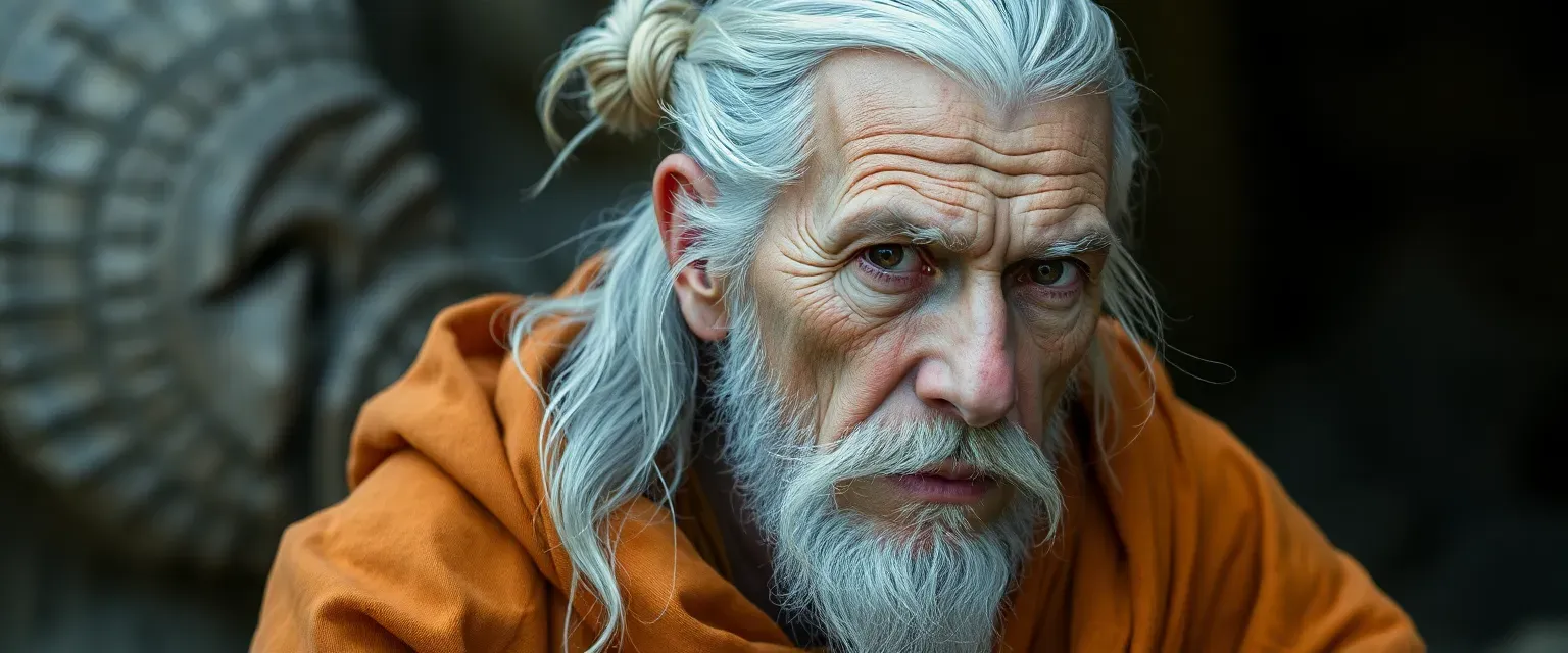 Elderly monk with weathered skin, silver hair in a knot, wearing faded saffron robes, deep brown eyes.