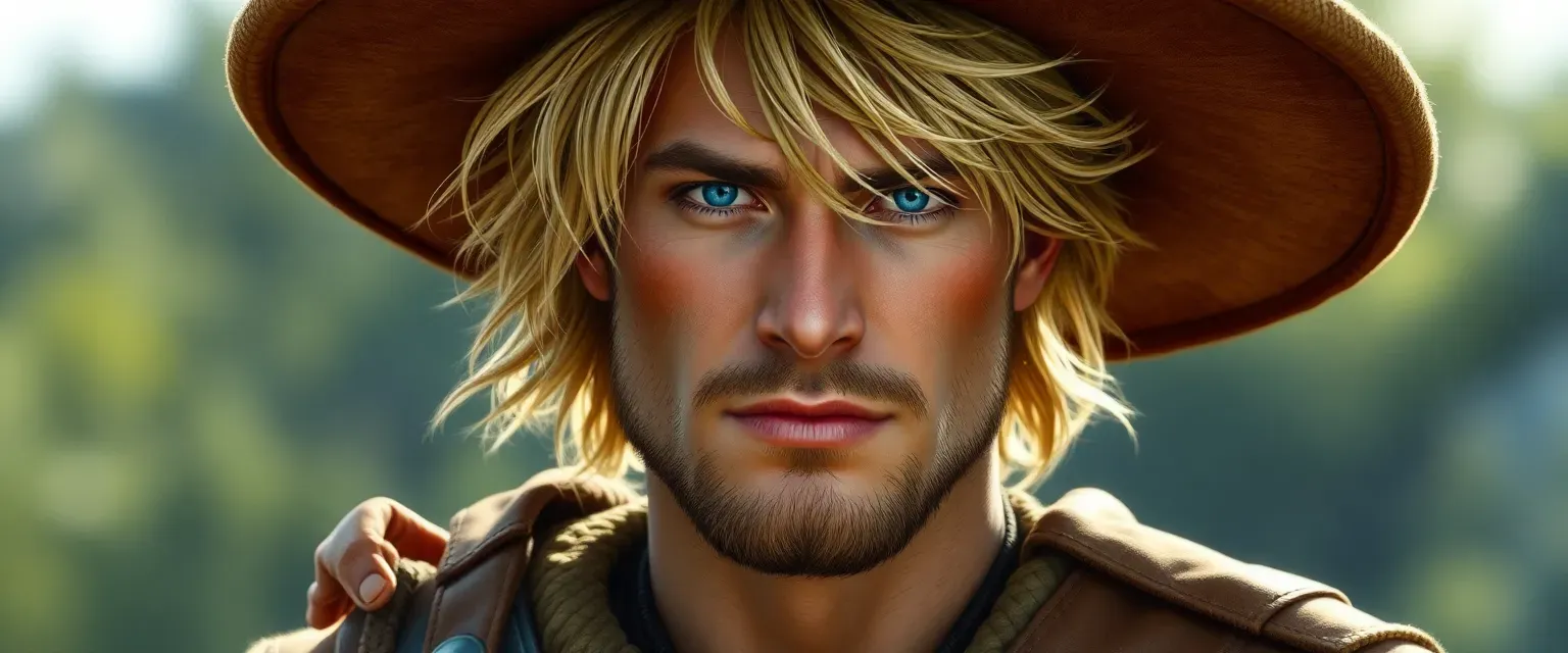 Tall, muscular man with sun-bleached hair, blue eyes, wearing worn leather boots and a wide-brimmed hat.