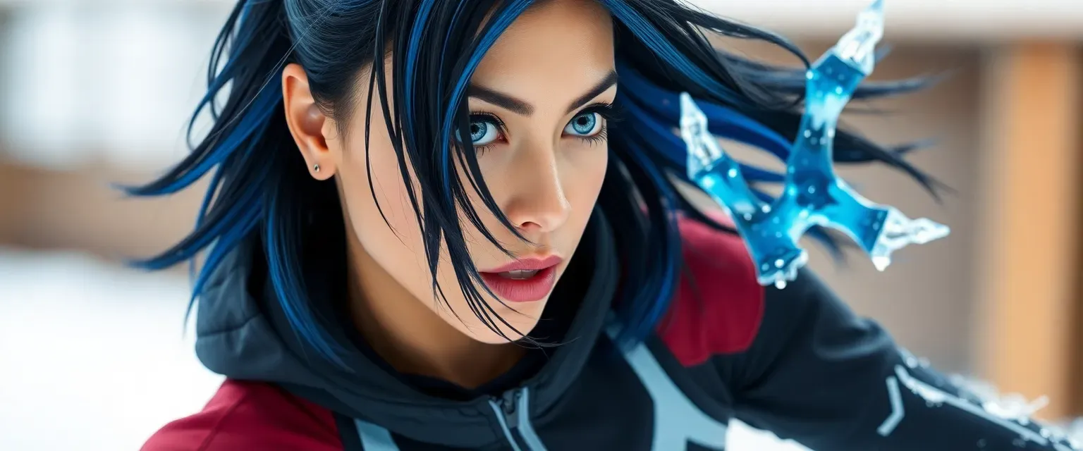 Late 20s woman, black hair with blue tips, brown eyes turning blue when using ice powers, athletic build, often in skating attire.