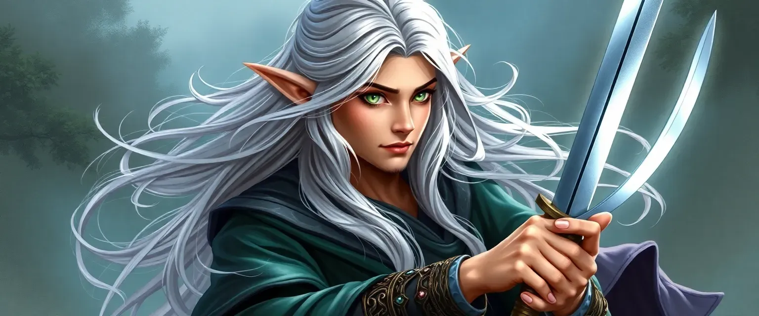 Elf bard with long silver hair, emerald eyes, wearing flowing robes and wielding a short sword.