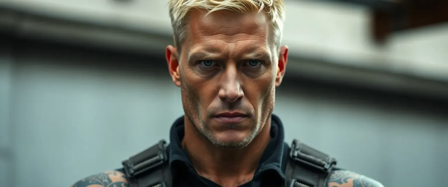 A tall, muscular ex-military man with short blonde hair, ice-blue eyes, and intricate tattoos covering his arms. Dressed in tactical gear with a haunted look in his eyes.