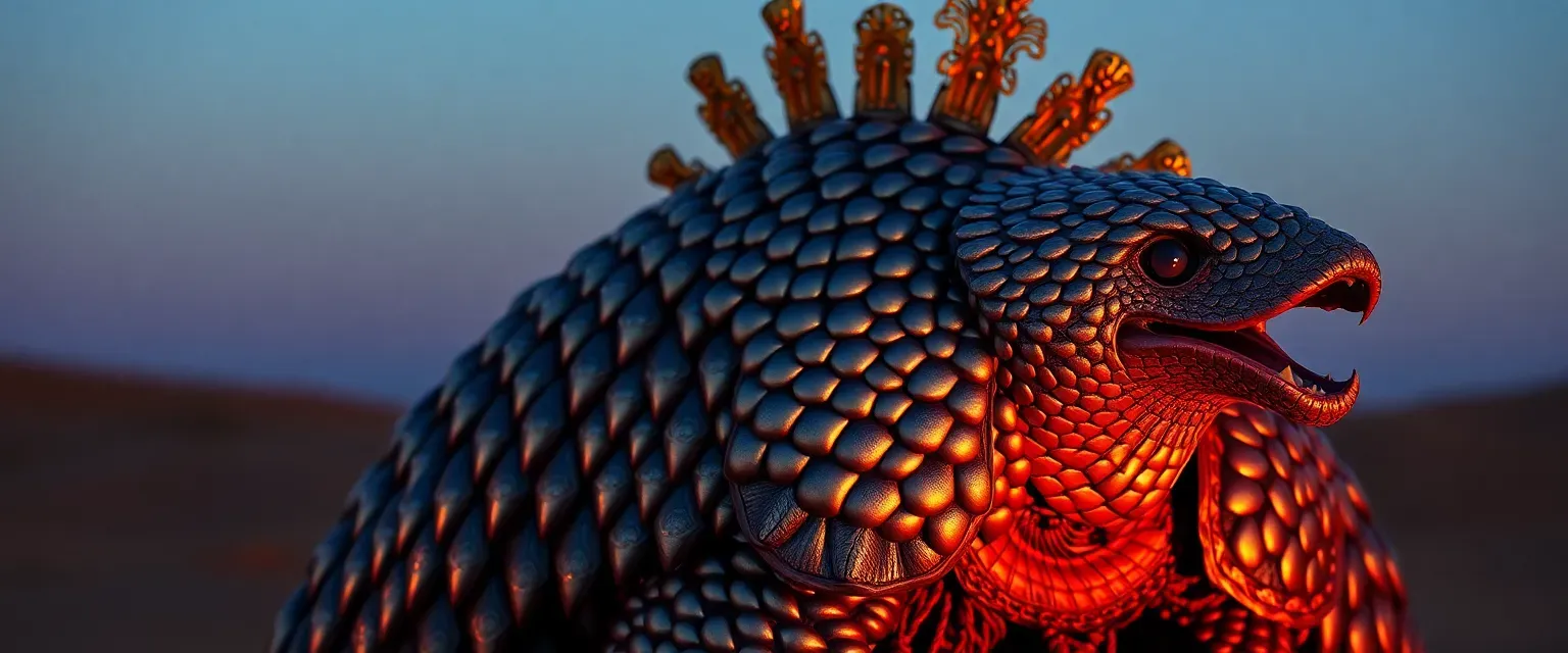 A centenarian pangolin king with shimmering scales, wearing ceremonial armor, wise eyes reflecting the desert's twilight.