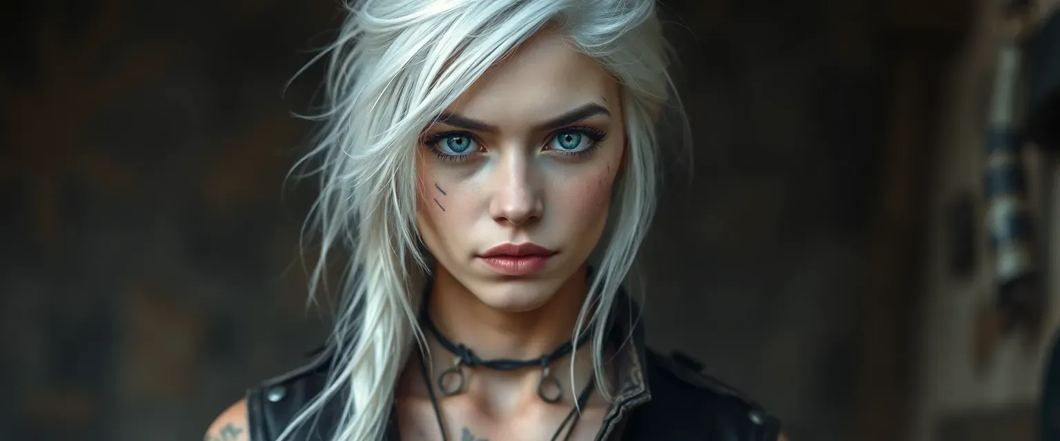 Young woman with white hair, blue eyes, scars, and tattoos, dressed in leather and tattered fabric.
