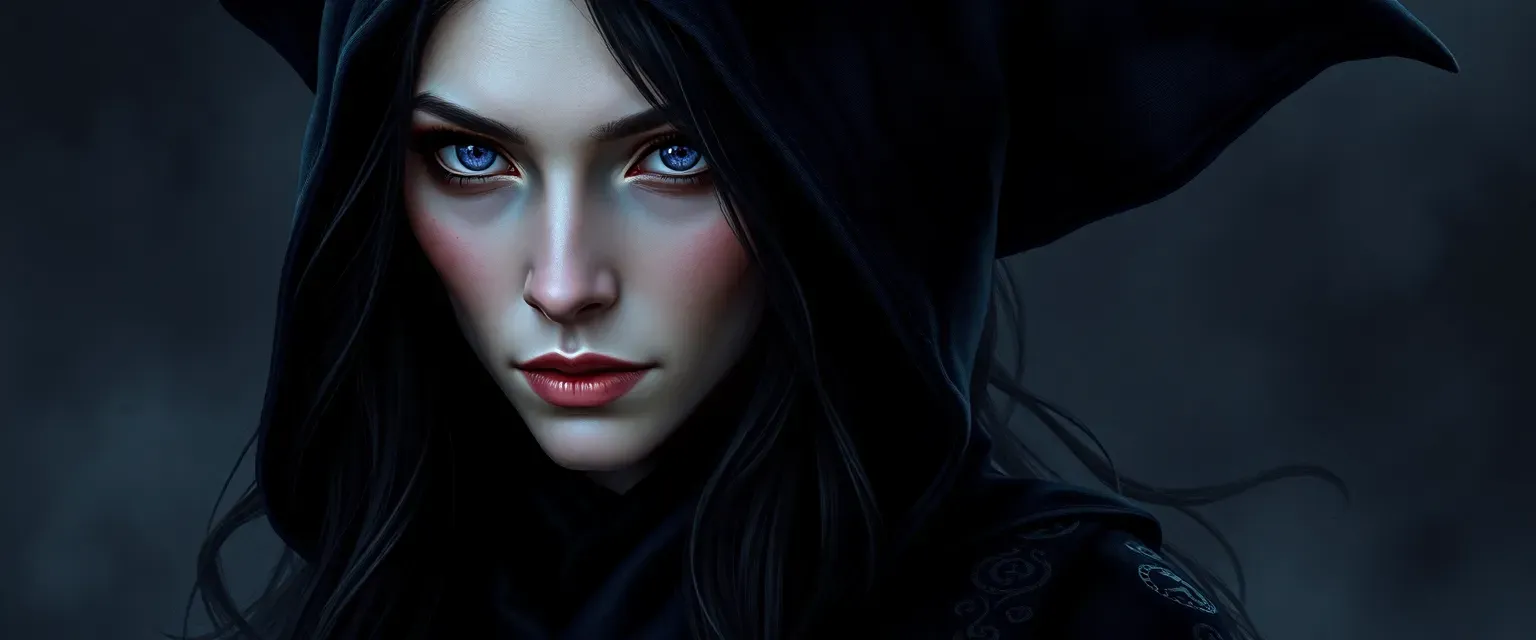 42-year-old dark witch with pale skin, violet eyes, raven-black hair, and midnight blue robe with silver runes.