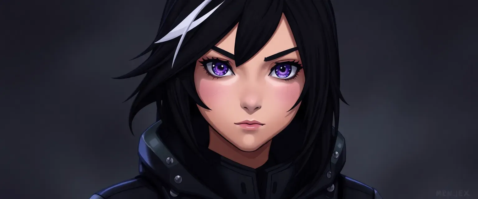 14-year-old girl with dark hair featuring a white streak, violet eyes, wearing a black combat suit with silver accents.