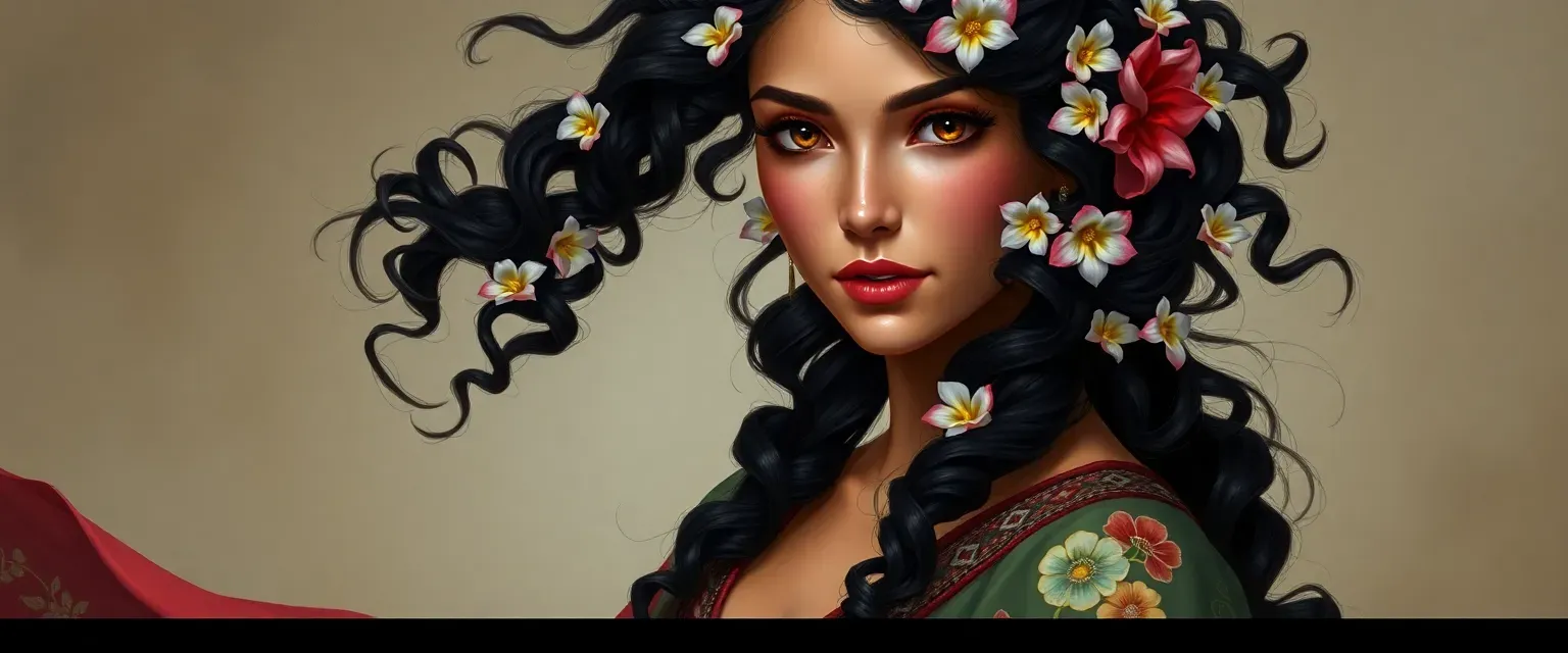 Young woman with olive skin, dark eyes, and curly black hair adorned with jasmine flowers, wearing flowing skirts and embroidered blouses.
