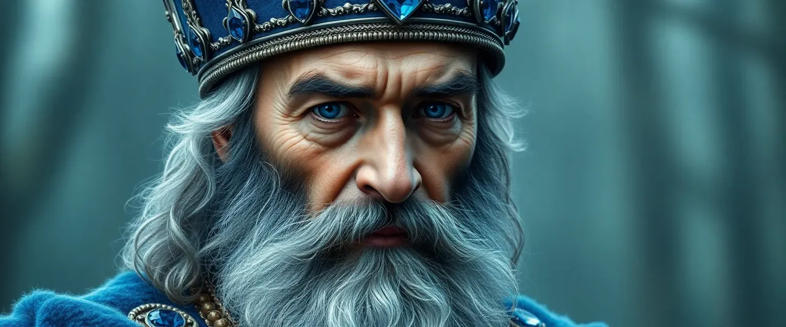 An elderly king with black beard, wearing a blue crown adorned with sapphires; sharp icy-blue eyes reflect wisdom gained over decades ruling vast kingdom alongside three ambitious daughters amid looming threats from mysterious forest.