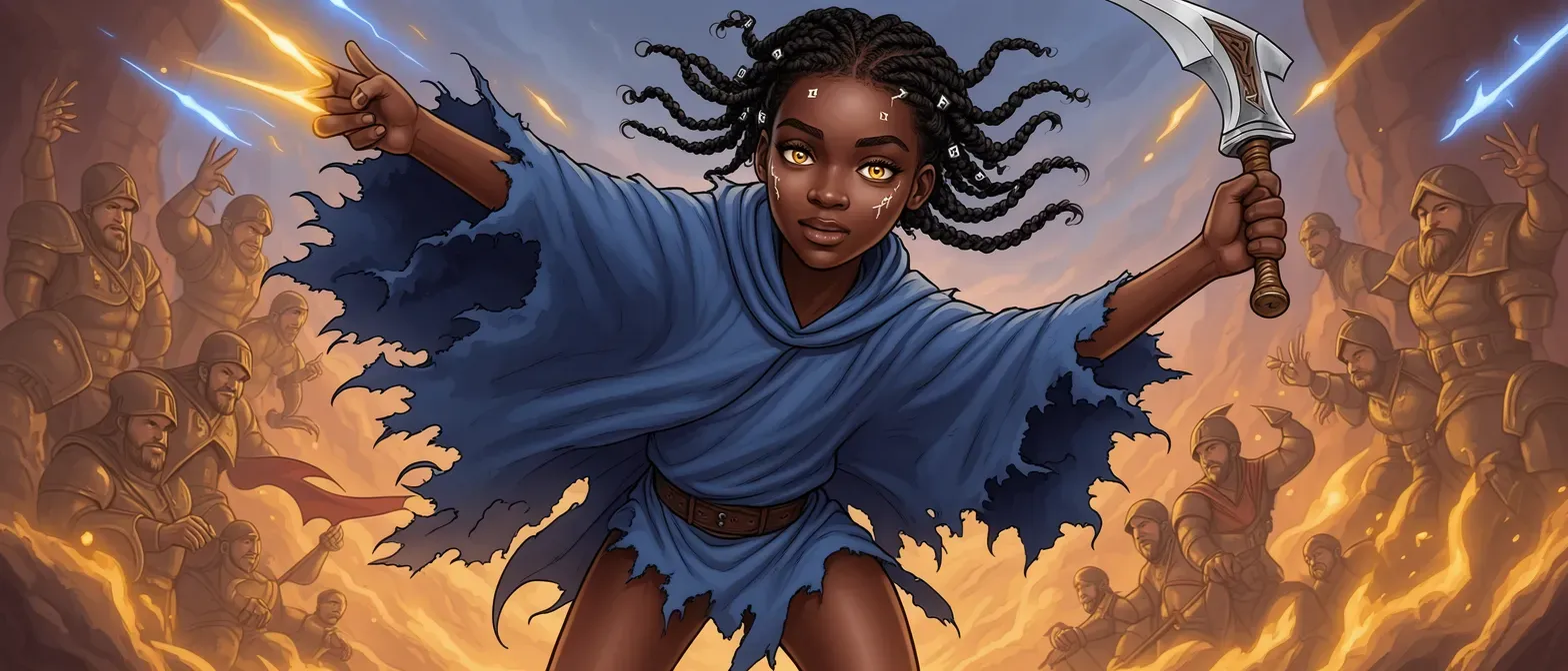 Sixteen-year-old black girl with ebony skin, amber eyes, braided curls with silver runes, wearing frayed indigo mage robes, slender build, scar on left cheek.