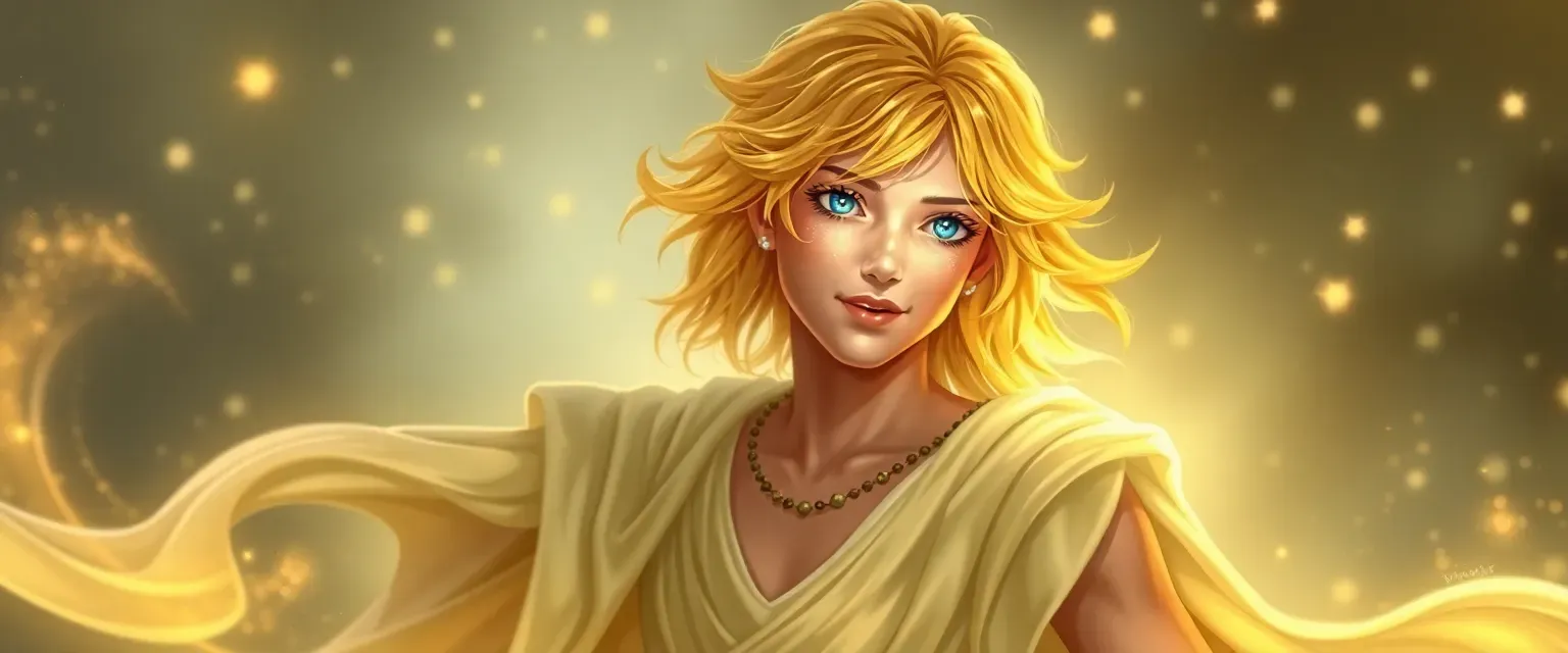 Youthful deity with golden hair and starlit eyes, wearing a flowing garment of light.