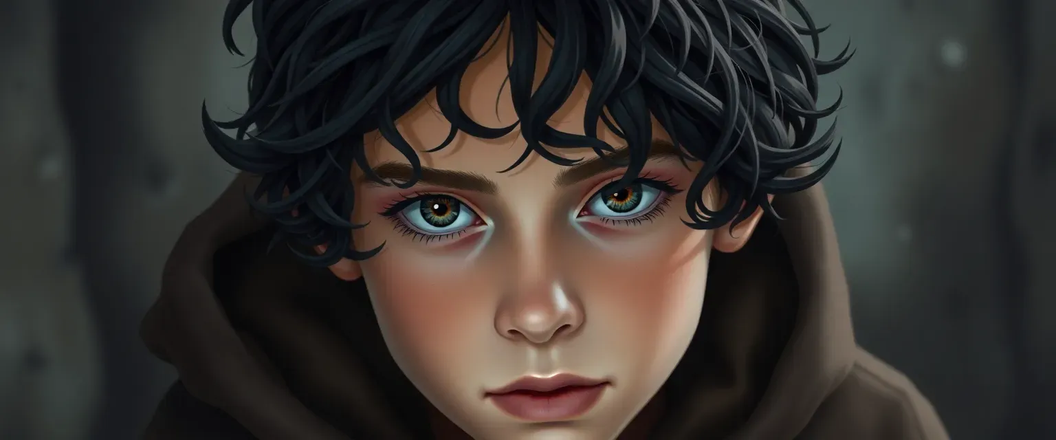 14-year-old boy with tangled dark curls, wearing oversized hoodies, hazel eyes reflecting inner turmoil.