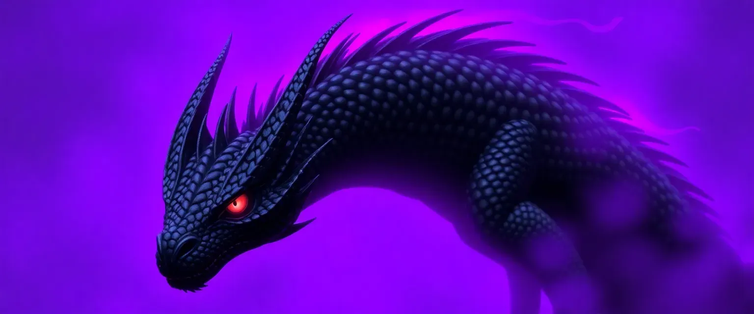 Black-scaled dragon with blood-red eyes, surrounded by a purple aura, size of a large horse.