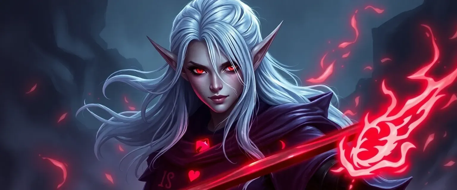 Dark elf sorceress with silver hair, crimson eyes, and midnight blue robes adorned with glowing runes.