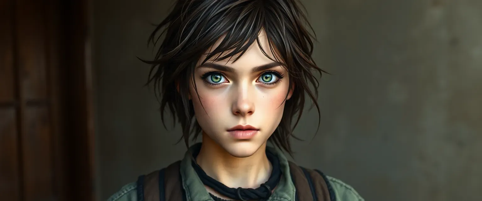 Eighteen-year-old with tangled dark brown hair, piercing green eyes, lean and gaunt, wearing mismatched second-hand clothes.