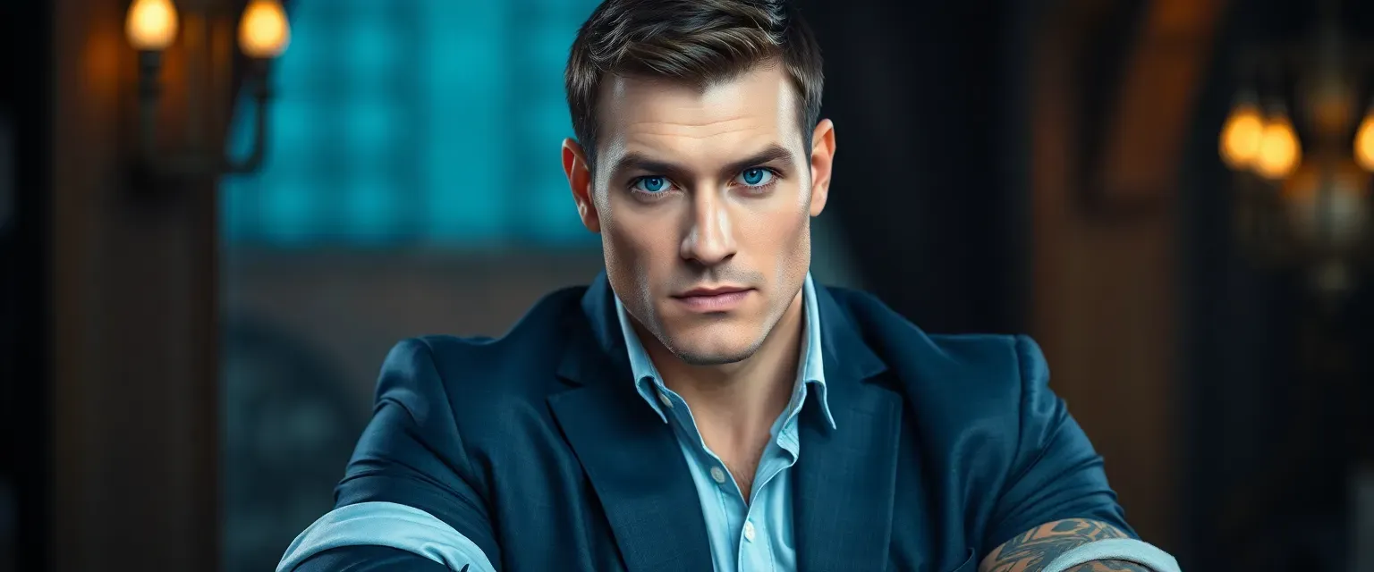 A muscular man in his late thirties with short dark brown hair and piercing blue eyes, wearing a well-fitted suit with rolled-up sleeves revealing tattoos.