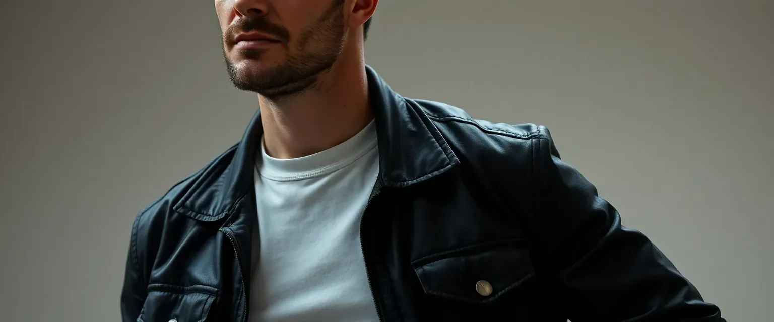 42-year-old man with stubble, lean muscular build, wearing a worn leather jacket, t-shirt, and jeans.