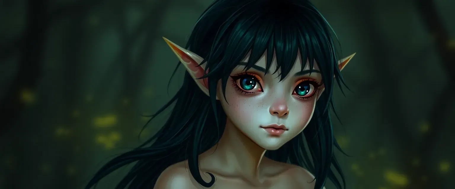 Short dark fae with long dark green hair, pale skin, and black eyes, releasing toxic spores at night.