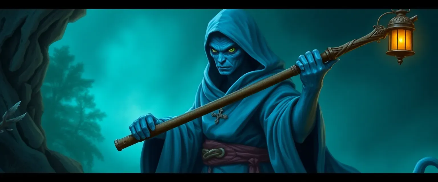 Blue-skinned Troglodyte cleric with green eyes, wearing ocean-colored robes and wielding a reverse glaive with a lantern.