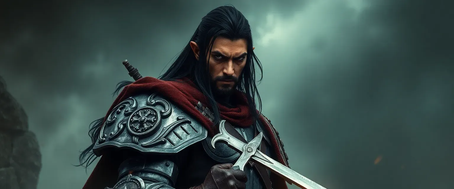 A towering lone swordsman clad in battle-scarred armor with stormy gray eyes and long black hair; driven by rage-fueled power.