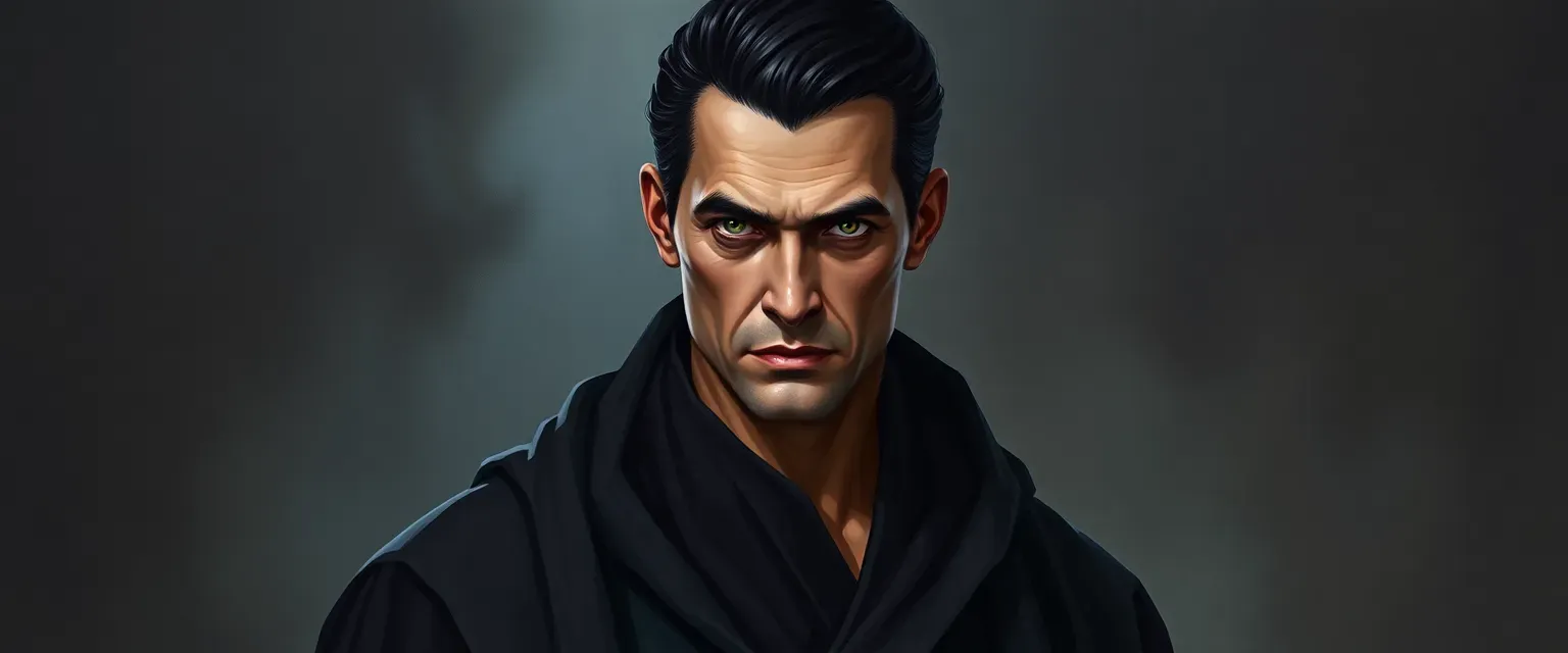 A forty-five-year-old man with sunken eyes and a slim figure, dressed in dark flowing robes, with slicked-back black hair.