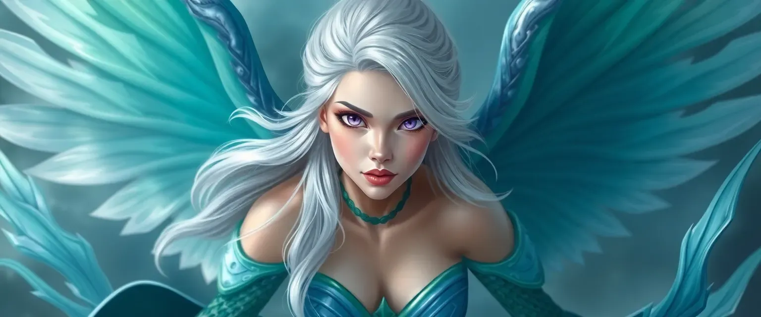 28-year-old siren with silver hair, light purple eyes, and blue-green wings, wearing flowing sea-inspired garments.