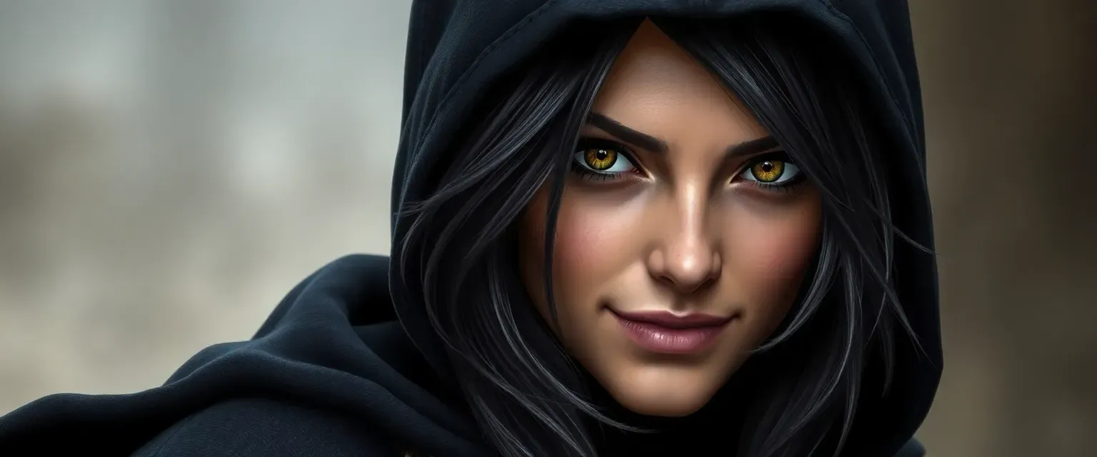 Lean 28-year-old woman with raven hair streaked gray, hazel eyes, scarred cheek, wearing hooded black cloak and boots, sly grin.