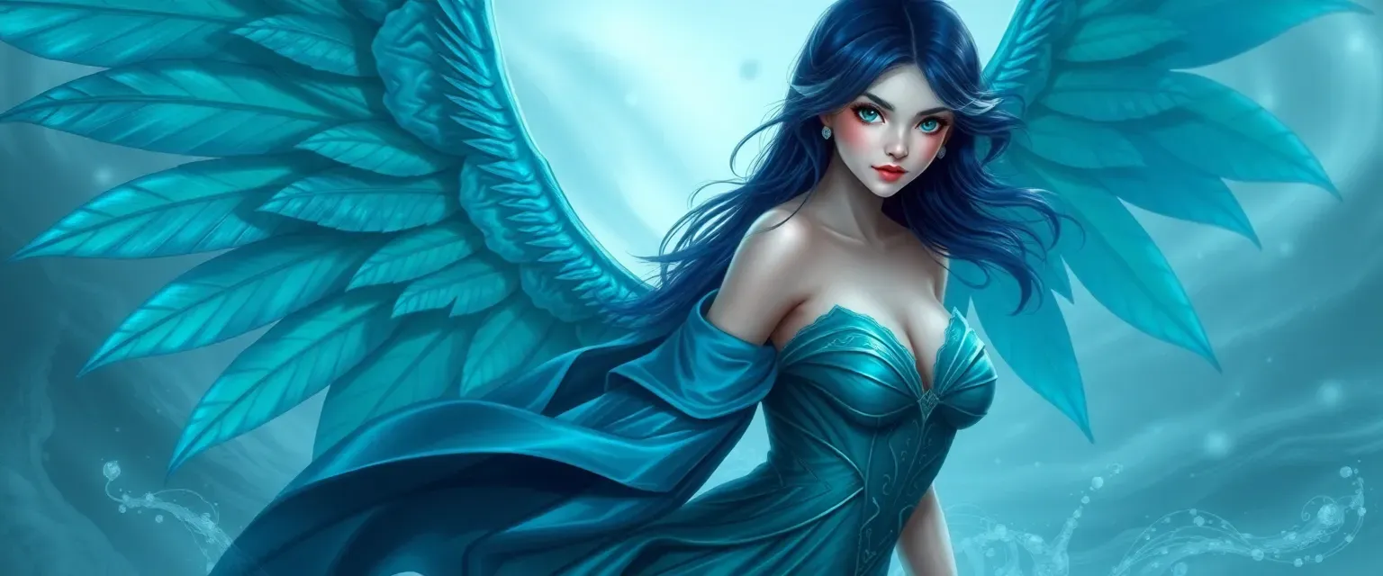 28-year-old siren with dark blue hair, emerald eyes, and iridescent wings, wearing a sea silk gown.