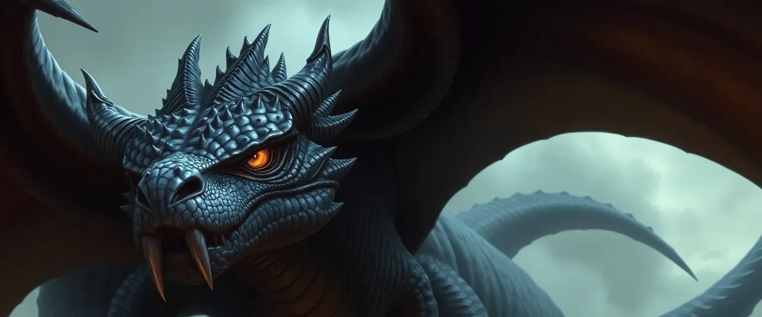 Ancient dragon with scarred obsidian scales, golden eyes, tattered wings, and a haunting voice.