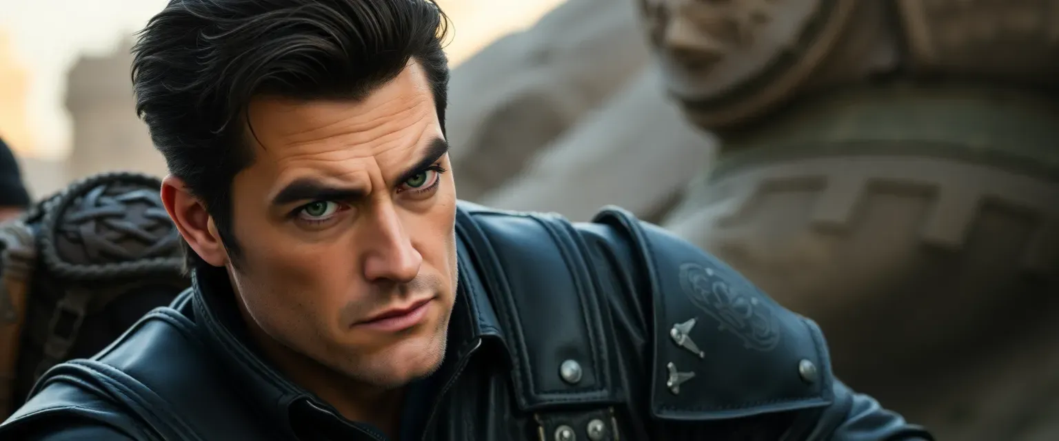 Late thirties, rugged, dark hair, green eyes, leather jacket, armor, utility belt.