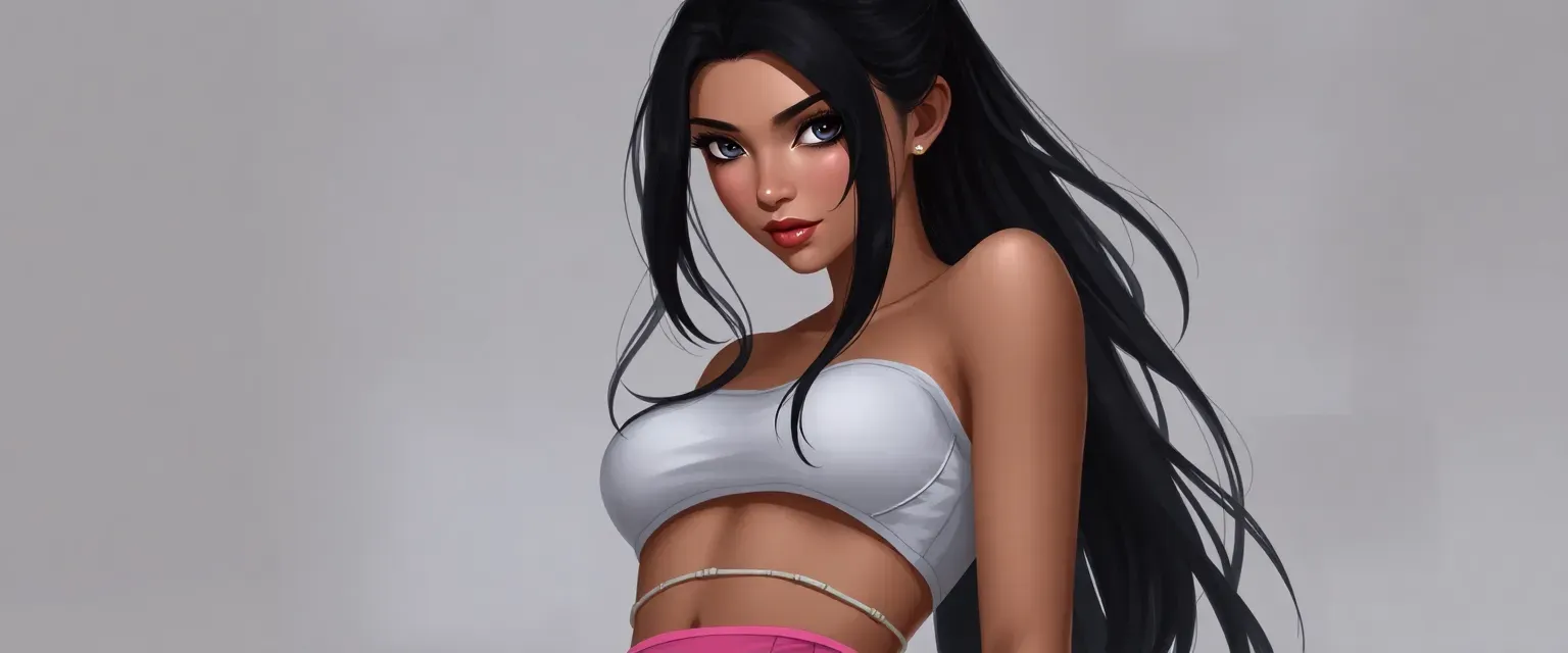 22-year-old daimon, Middle Eastern, slender, dark eyes, long black hair, white crop top, pink mini skirt.