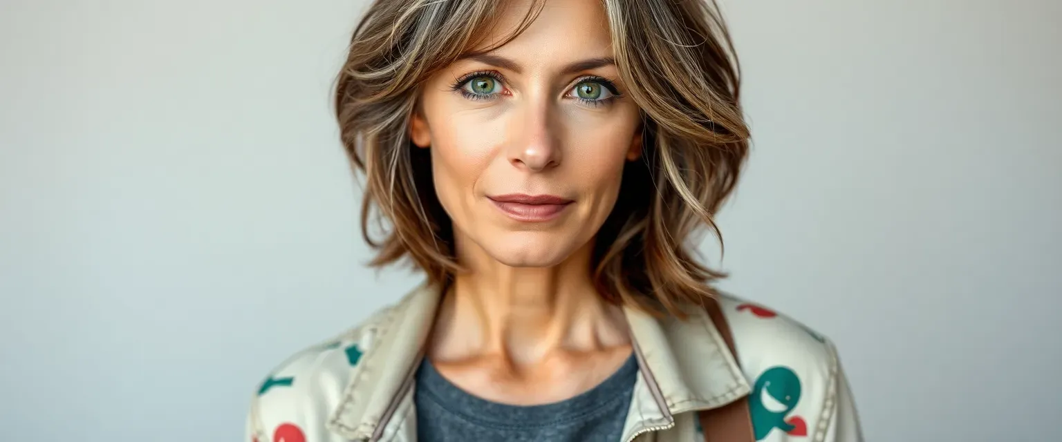 45-year-old woman with gray-streaked chestnut hair, wearing mismatched casual clothes, deep green eyes.