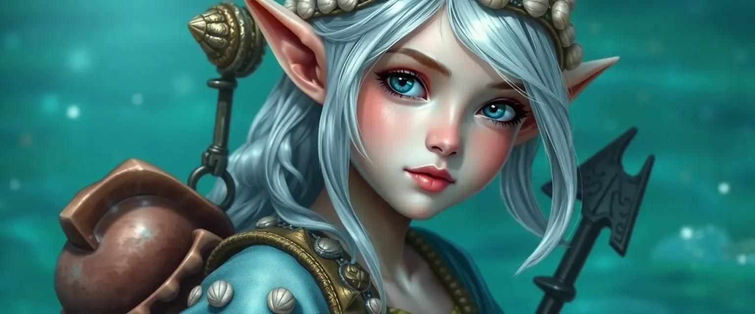 14-year-old sea elf girl with shimmering ocean-hued skin, silver hair adorned with shells, wearing a sea silk tunic and carrying an assortment of inventive tools.