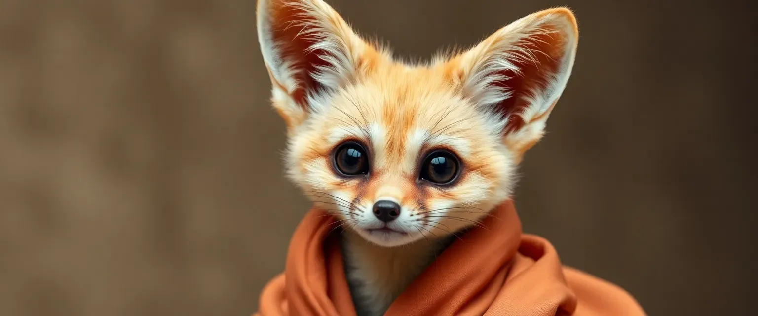 Anthropomorphic fennec fox, sandy fur, large eyes, feminine, silk robe, short stature.