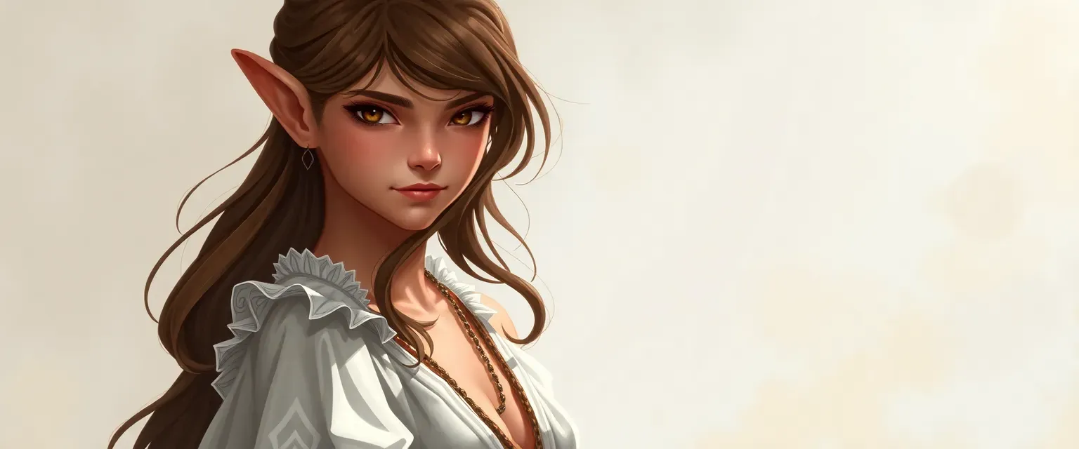 Half-elf princess, 25, brown hair, white dress, kind eyes, sun-kissed skin.