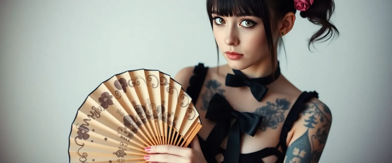 Youthful with tattoos on one side, multiple eyes, bow choker, ripped tights, holding a decorative folding fan.