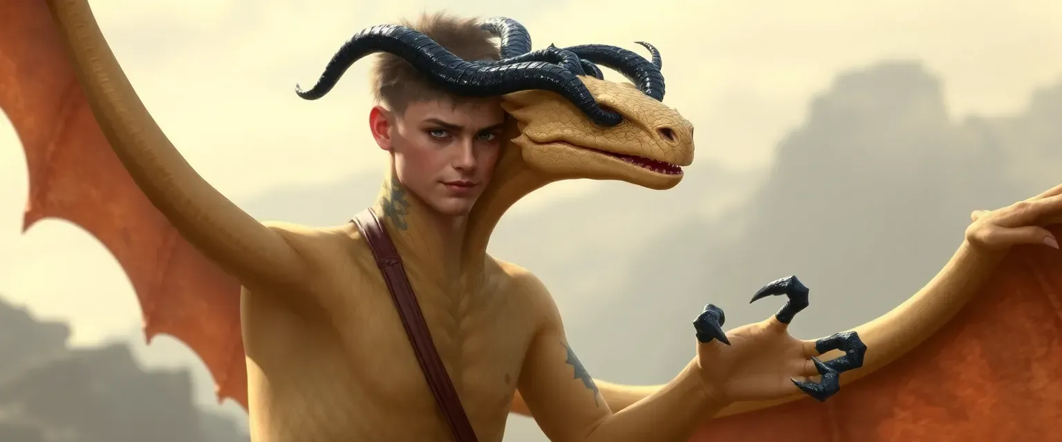 16-year-old male SandWing, pale yellow scales, brown sail, black horns and claws, snake-head tattoo covering eyes.