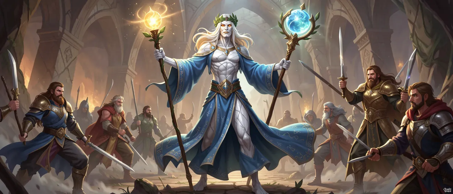 Tall, lean god with marble skin veined in silver, white-gold hair to shoulders, amber eyes, azure silk robes with shifting scripts, laurel circlet, olive staff with glowing orb.