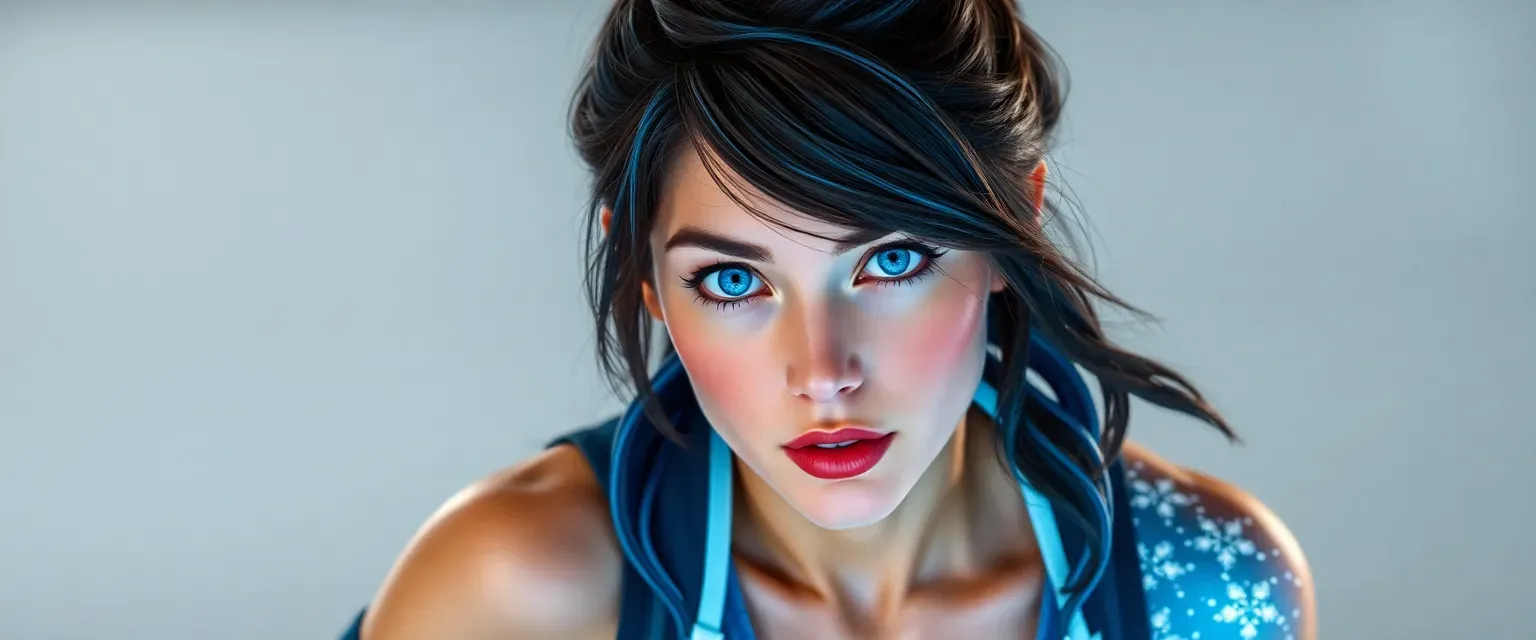 Late 20s woman, athletic build, blue-tipped hair, deep brown eyes turning blue when using ice powers, often in skating attire or casual wear.